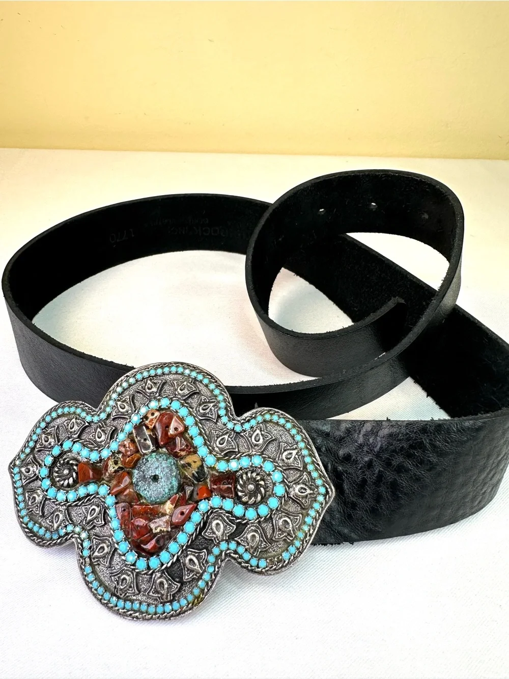 Leatherock Black leather handcrafted artisan buckle turquoise-style cabochons